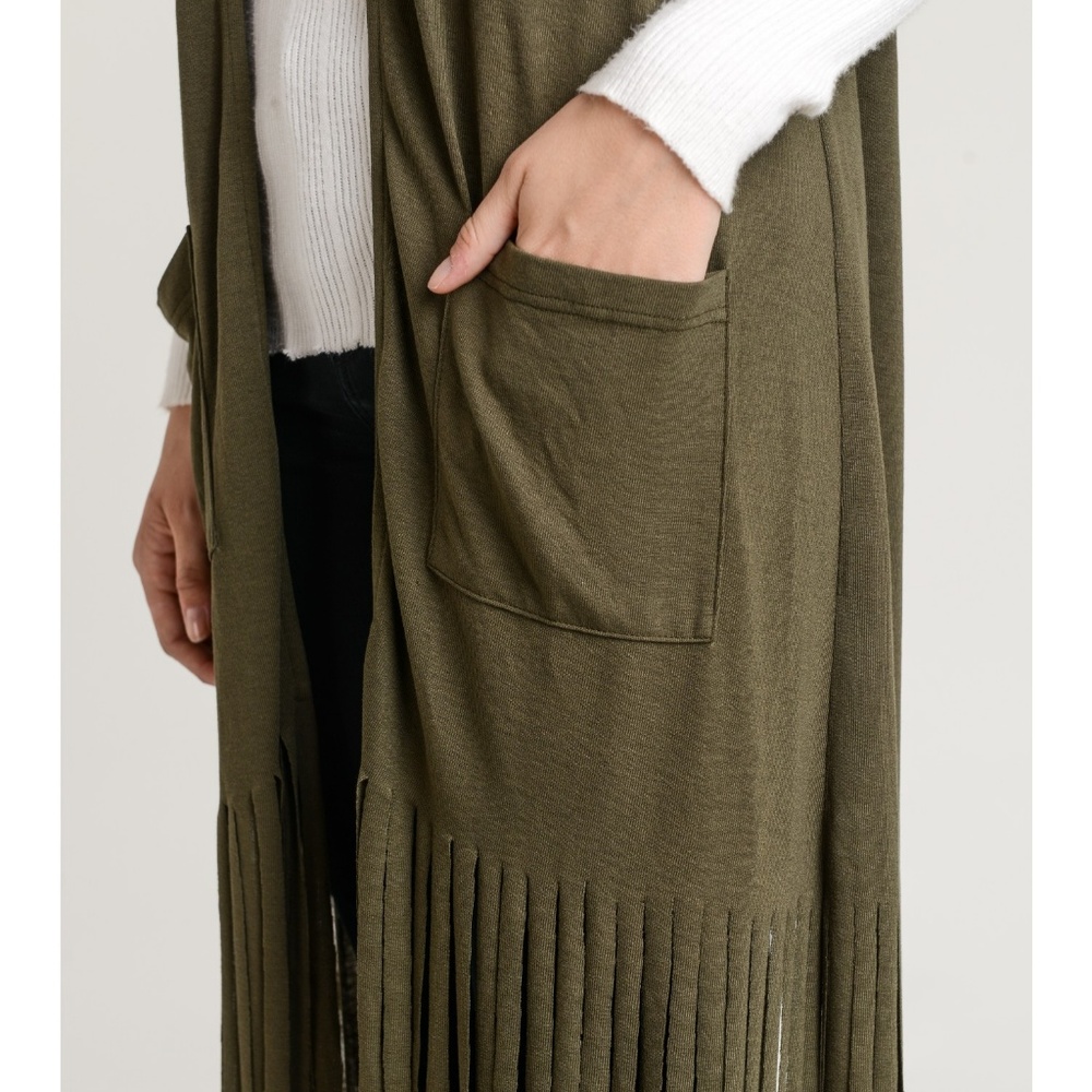 Long Fringe Vest Duster Front Pockets New Olive - Picture 6 of 8